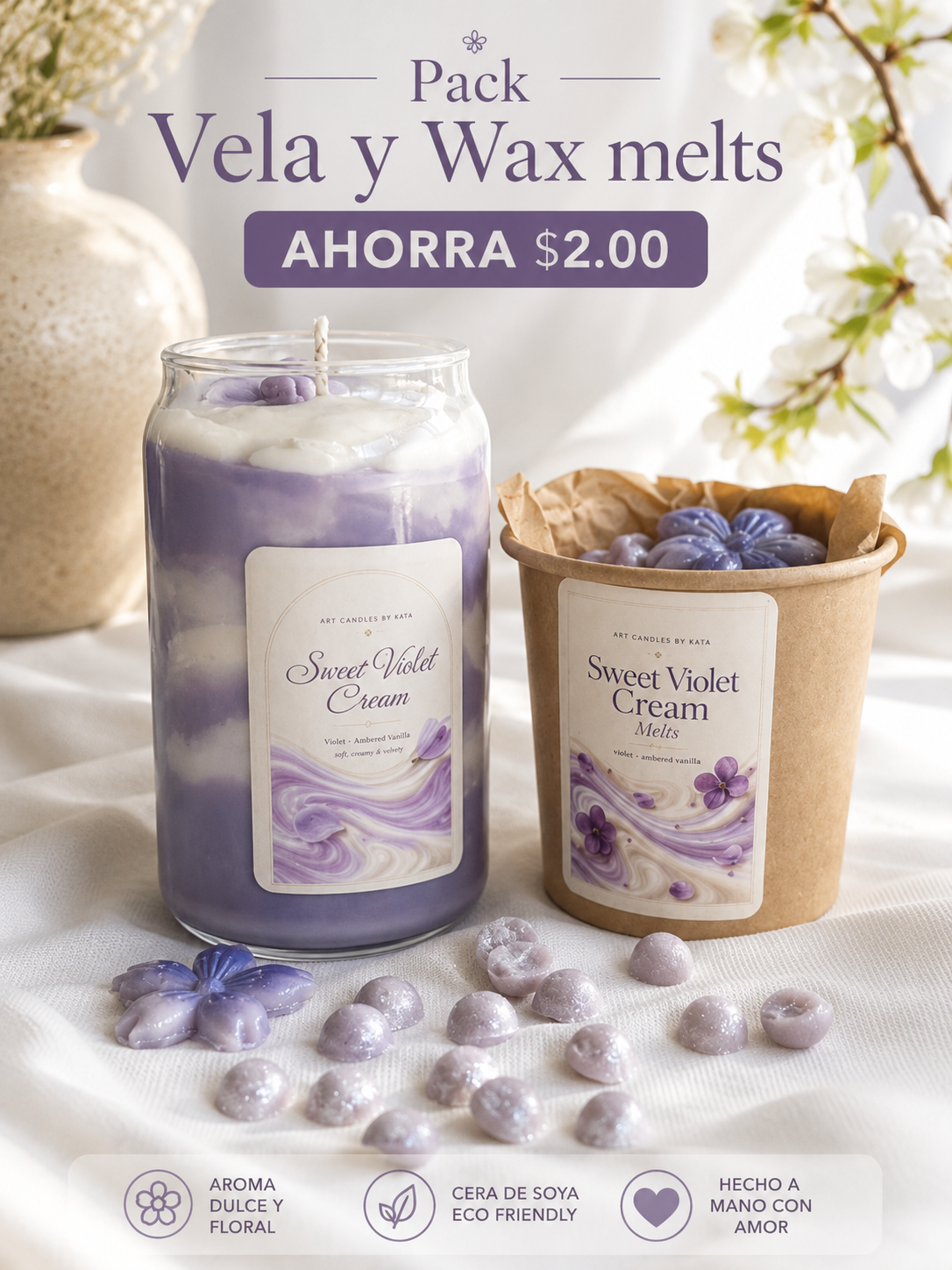 Pack Vela y Wax melts Sweet Violet Cream